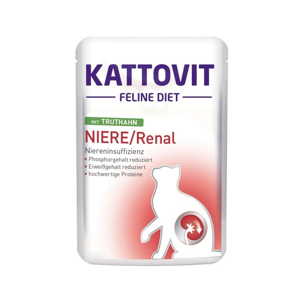Saszetka karmy Kattovit Niere/Renal Indyk 85g dla kota z niewydolnością nerek, z wizerunkiem kota i indyka,