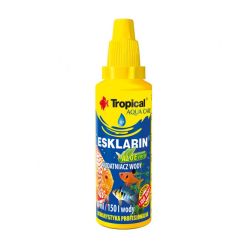 Butelka preparatu Tropical Esklarin o pojemności 30ml z aloesem do uzdatniania wody w akwarium.