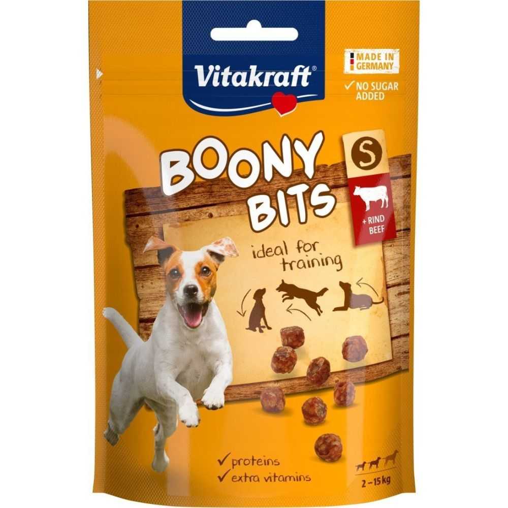 Opakowanie mięsnych przysmaków treningowych dla psa Vitakraft Boony Bits o smaku wołowiny, 55g.
