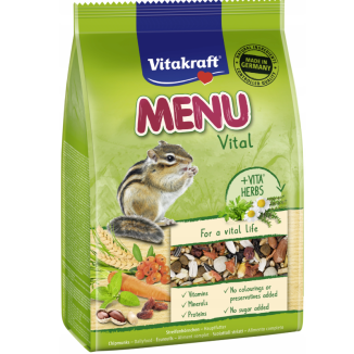 Opakowanie karmy dla wiewiórki Vitakraft Menu Vital 600g z widoczną mieszanką nasion i granulatów.