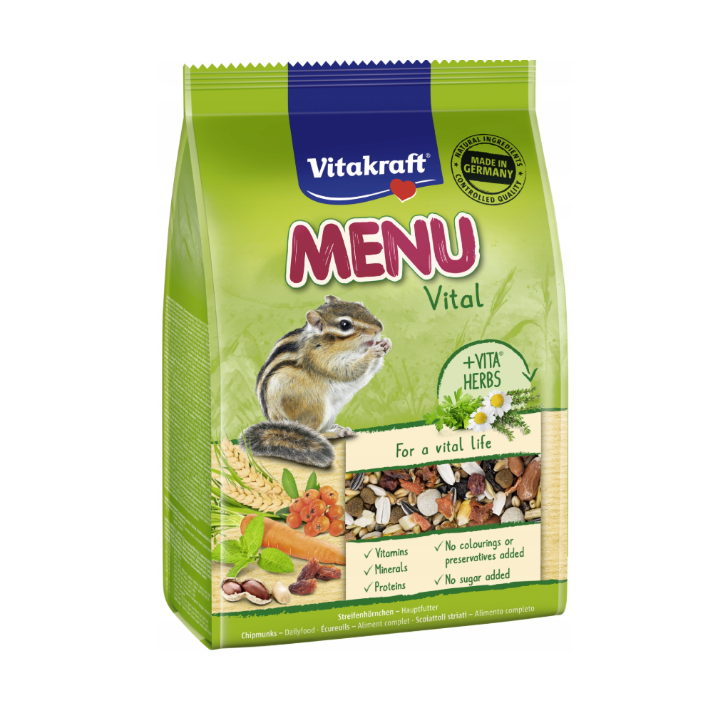 Opakowanie karmy dla wiewiórki Vitakraft Menu Vital 600g z widoczną mieszanką nasion i granulatów.