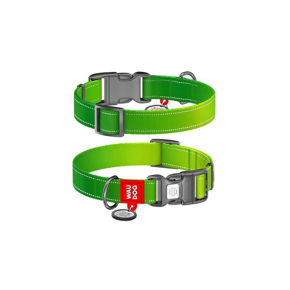 Collar Waudog Nylon Mono Obroża Nylonowa Odblaskowa Z Qr-Paszportem, Plastikowy Fastex, M 20Mm/28-40Cm Jasnozielona