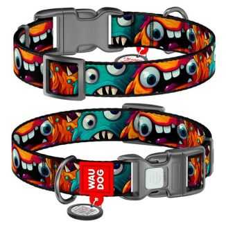 Collar Waudog Nylon Obroża Nylonowa Z Qr-Paszportem, Plastikowy Fastex, Wzór Zębate Potwory, M 20Mm/28-40Cm
