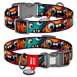 Collar Waudog Nylon Obroża Nylonowa Z Qr-Paszportem, Plastikowy Fastex, Wzór Zębate Potwory, M 20Mm/28-40Cm