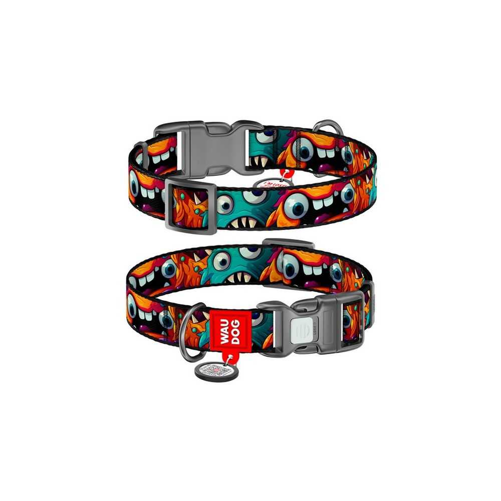 Collar Waudog Nylon Obroża Nylonowa Z Qr-Paszportem, Plastikowy Fastex, Wzór Zębate Potwory, S 15Mm/25-35Cm
