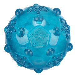 Wytrzymała piłka dla psa marki Trixie o średnicy 8 cm, wykonana z gumy termoplastycznej (TPR) w kolorze petrol, z piszczałką.