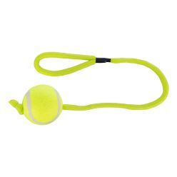Limonkowa piłka tenisowa marki Trixie o średnicy 6 cm, przymocowana do wytrzymałego, 50-centymetrowego sznurka z pętlą na rękę