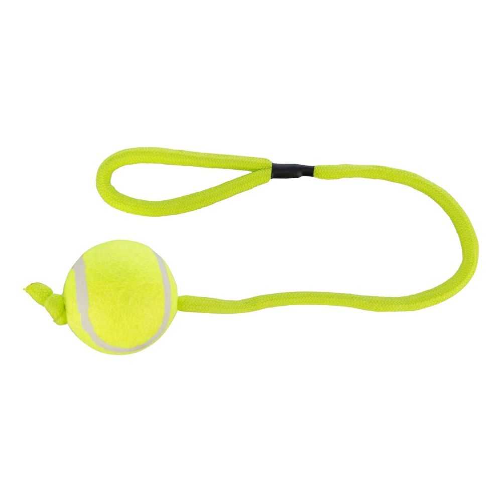 Limonkowa piłka tenisowa marki Trixie o średnicy 6 cm, przymocowana do wytrzymałego, 50-centymetrowego sznurka z pętlą na rękę