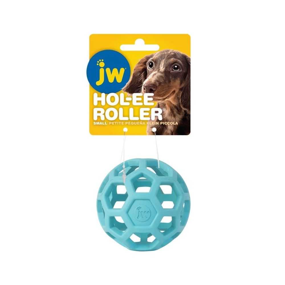 Niebieska, ażurowa piłka dla psa marki JW Pet z serii Hol-ee Roller w rozmiarze Small (mała), o średnicy 8,7 cm.