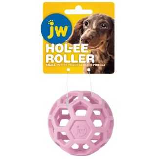 Różowa, ażurowa piłka dla psa marki JW Pet z serii Hol-ee Roller w rozmiarze Small (mała), o średnicy 8,7 cm.