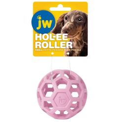 Różowa, ażurowa piłka dla psa marki JW Pet z serii Hol-ee Roller w rozmiarze Small (mała), o średnicy 8,7 cm.