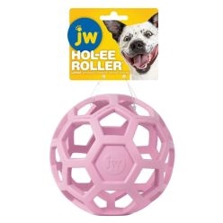 Różowa, ażurowa piłka dla psa marki JW Pet z serii Hol-ee Roller w rozmiarze Large (duża), o średnicy 14 cm.