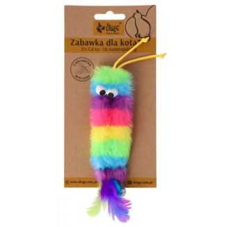 Kolorowa, pluszowa zabawka dla kota marki Dingo w kształcie tęczowego robaka o długości 15 cm, z piórkami na końcu.