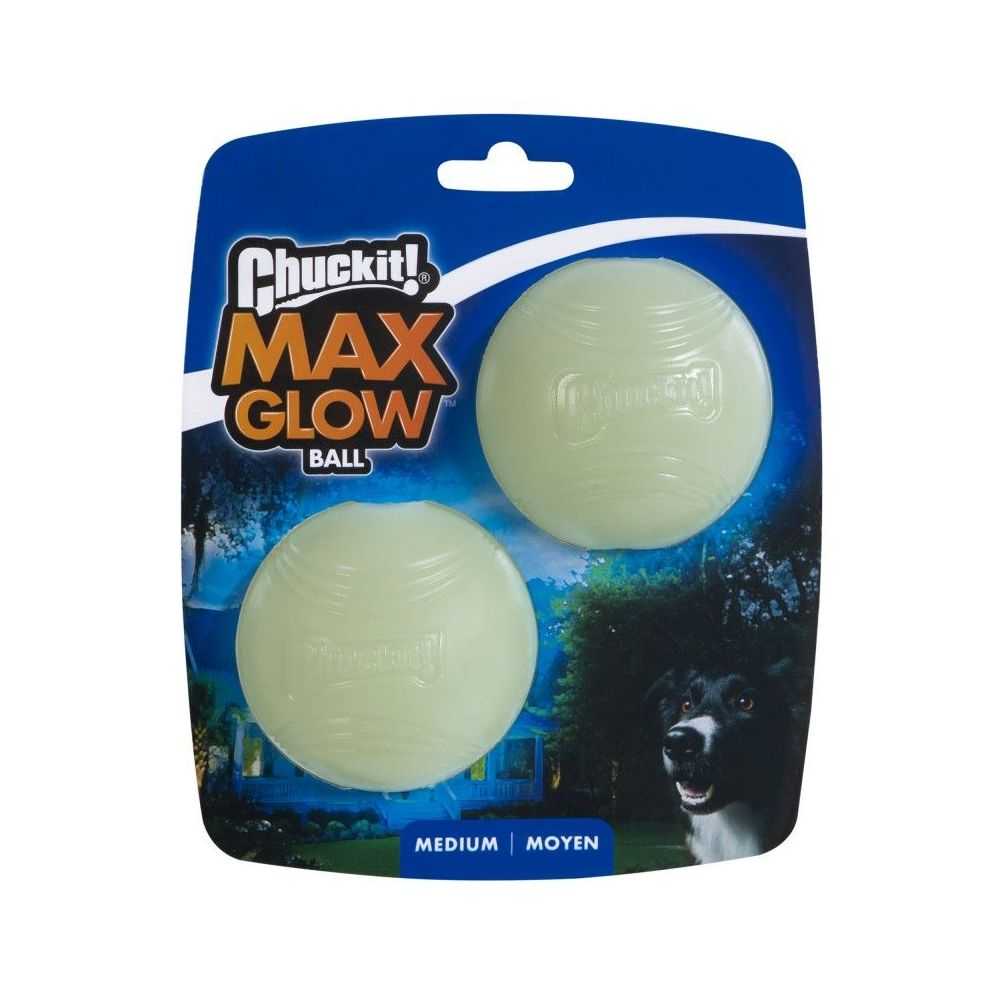 Dwie świecące w ciemności, zielonkawe piłki dla psa marki Chuckit! z serii Max Glow, w rozmiarze Medium (6,5 cm