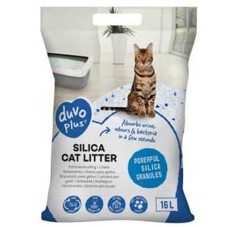 Przezroczyste opakowanie o pojemności 16 litrów, wypełnione drobnym, białym żwirkiem silikonowym dla kotów marki Duvo+