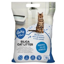 Przezroczyste opakowanie o pojemności 16 litrów, wypełnione drobnym, białym żwirkiem silikonowym dla kotów marki Duvo+