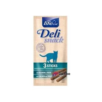 Zestaw trzech rybnych kabanosów dla kota Life Cat Deli Snack o smaku łososia i pstrąga - sklep zoologiczny Konikpolny.pl