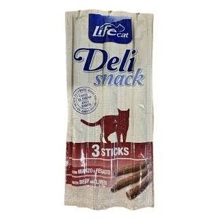 Zestaw trzech mięsnych kabanosów dla kota Life Cat Deli Snack o smaku wołowiny i wątróbki - sklep zoologiczny Konikpolny.pl