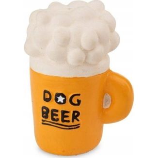 Żółta, lateksowa zabawka dla psa w kształcie kufla piwa z napisem Dog Beer i piszczałką - sklep zoologiczny Konikpolny.pl