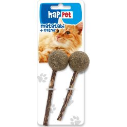 Dwa naturalne lizaki dla kota marki Happet złożone z patyczka Matatabi i kulki kocimiętki - sklep zoologiczny Konikpolny.pl