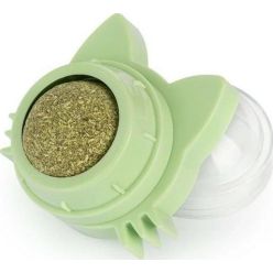 Przyklejana do ściany, obrotowa kulka z kocimiętką do lizania dla kota w kształcie kociej głowy - sklep zoologiczny Konikpolny