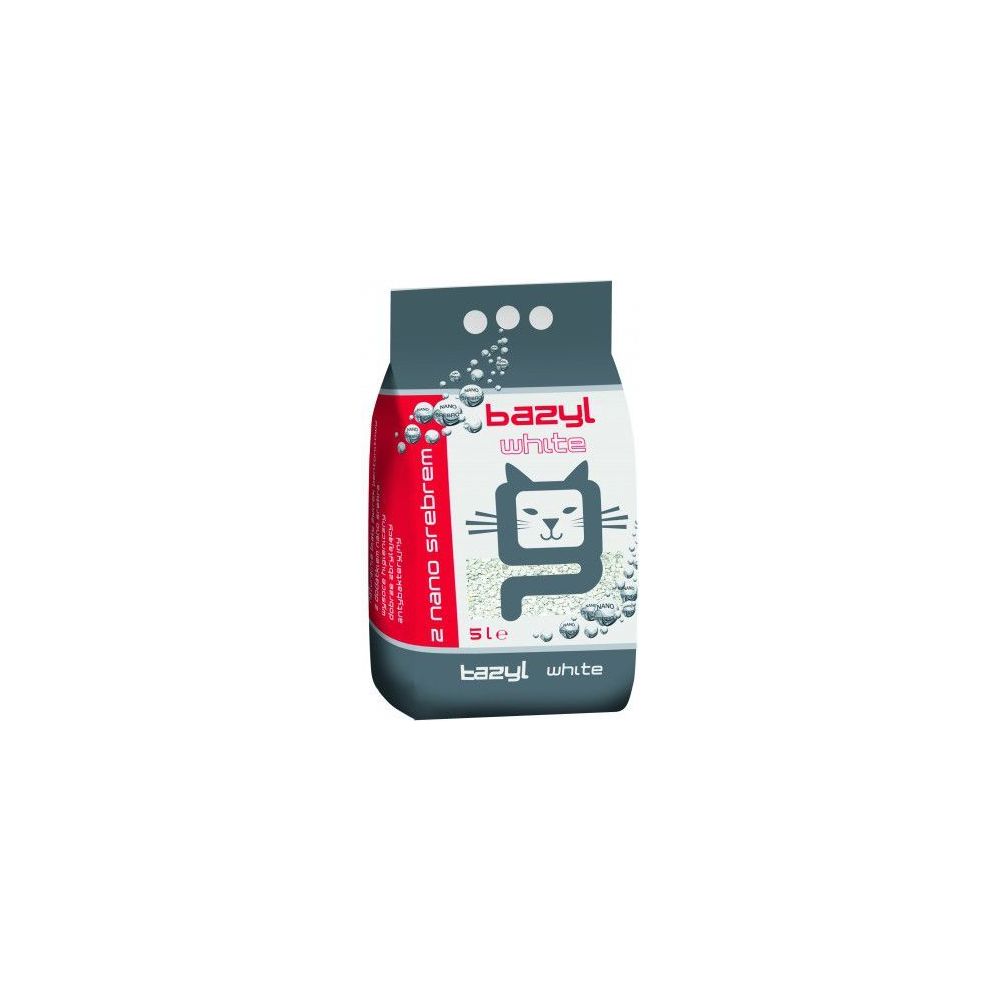 Opakowanie 5L białego, antybakteryjnego żwirku bentonitowegoBazyl Ag White z nanosrebrem - sklep zoologiczny Konikpolny.pl