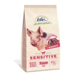 Opakowanie 400g monobiałkowej, suchej karmy dla kota Life Cat Sensitive z wieprzowiną - sklep zoologiczny Konikpolny.pl