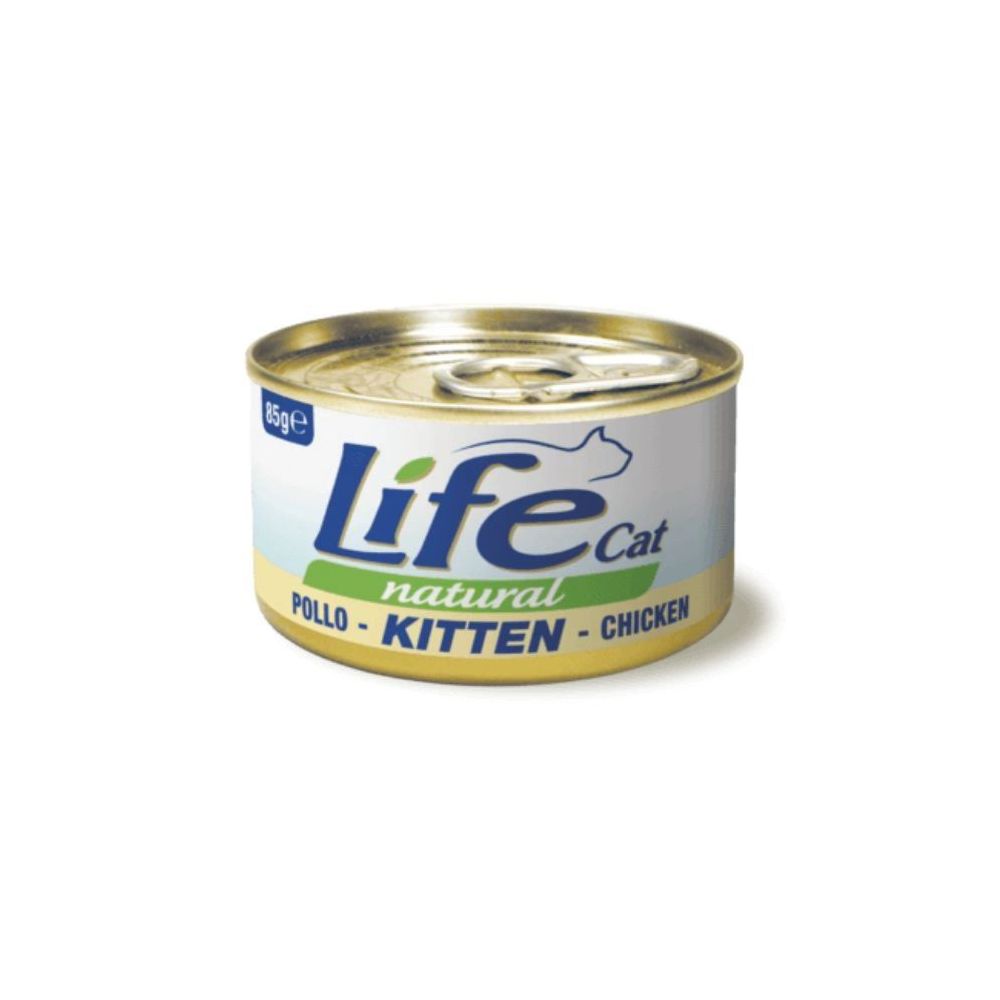 Puszka 85g naturalnej, mokrej karmy dla kociąt Life Cat Kitten z kurczakiem, jajami i wątróbką - sklep zoologiczny Konikpolny.pl