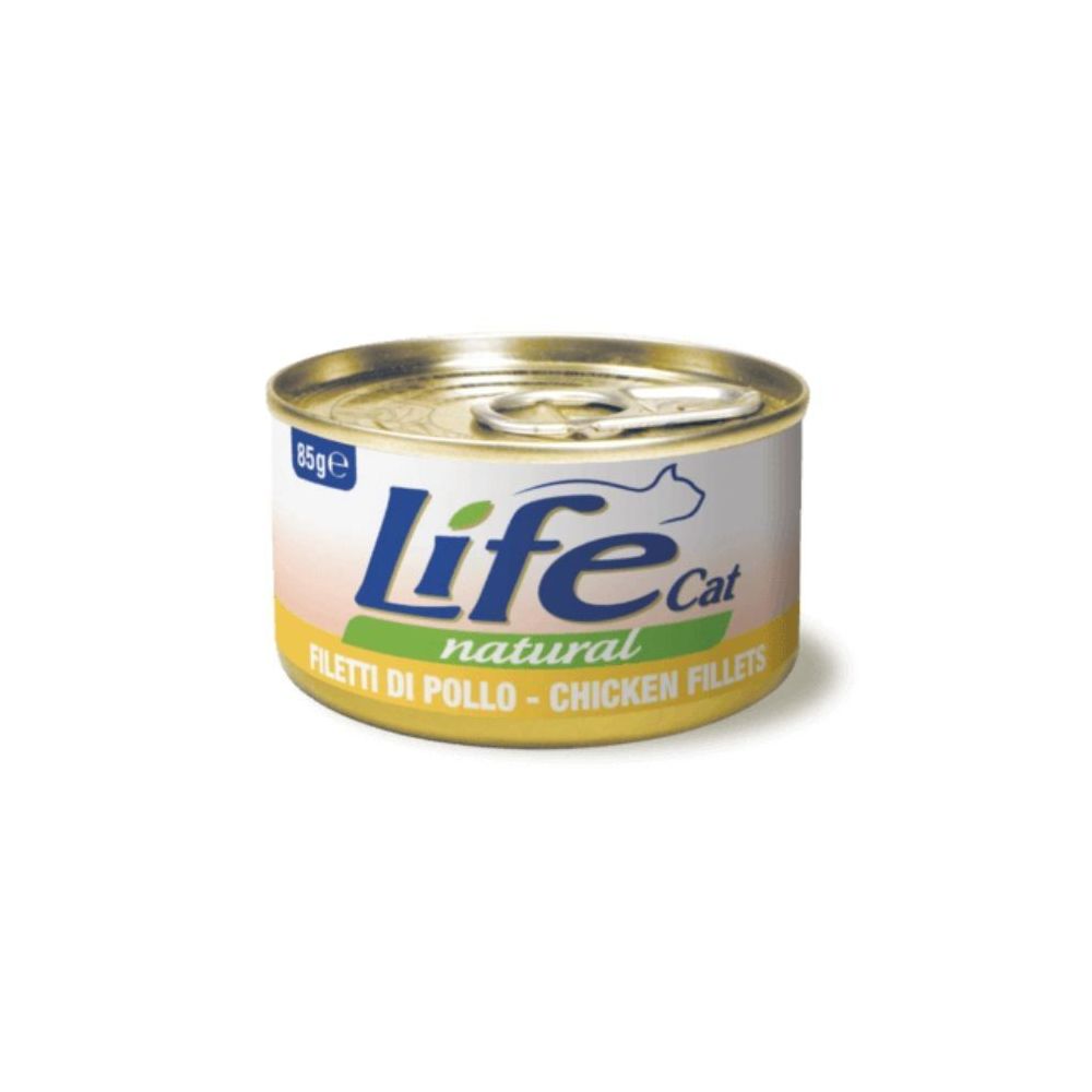 Puszka 85g naturalnej, wysokomięsnej karmy dla kota Life Cat z filetami z kurczaka w bulionie - sklep zoologiczny Konikpolny.pl