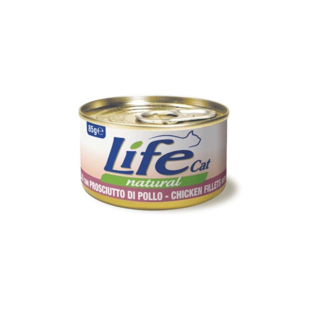 85g naturalnej, karmy dla kota Life Cat z filetami z kurczaka i szynką w bulionie - sklep zoologiczny Konikpolny.pl