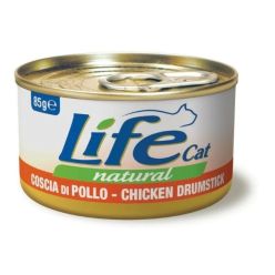 85g naturalnej, wysokomięsnej karmy dla kota Life Cat z kawałkami udźca z kurczaka w bulionie - sklep zoologiczny Konikpolny.pl