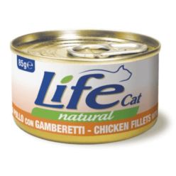 85g naturalnej, karmy dla kota Life Cat z filetami z kurczaka i całymi krewetkami w bulionie - sklep zoologiczny Konikpolny.pl