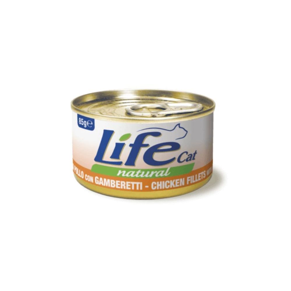 85g naturalnej, karmy dla kota Life Cat z filetami z kurczaka i całymi krewetkami w bulionie - sklep zoologiczny Konikpolny.pl