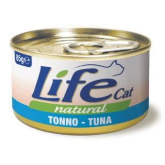 Puszka 85g naturalnej, wysokomięsnej karmy dla kota Life Cat ze stekami z tuńczyka w bulionie - sklep zoologiczny Konikpolny.pl