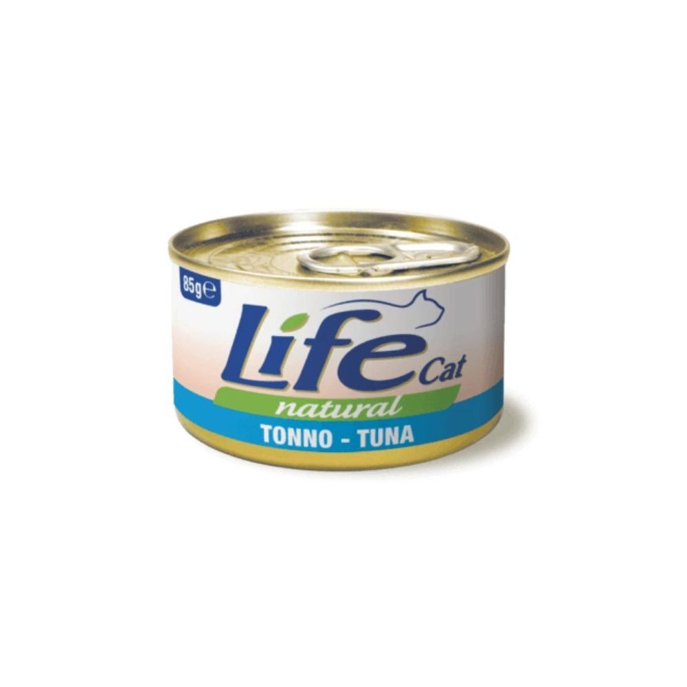 Puszka 85g naturalnej, wysokomięsnej karmy dla kota Life Cat ze stekami z tuńczyka w bulionie - sklep zoologiczny Konikpolny.pl