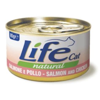 85g naturalnej karmy dla kota Life Cat z filetami z kurczaka i płatkami łososia w bulionie - sklep zoologiczny Konikpolny.pl