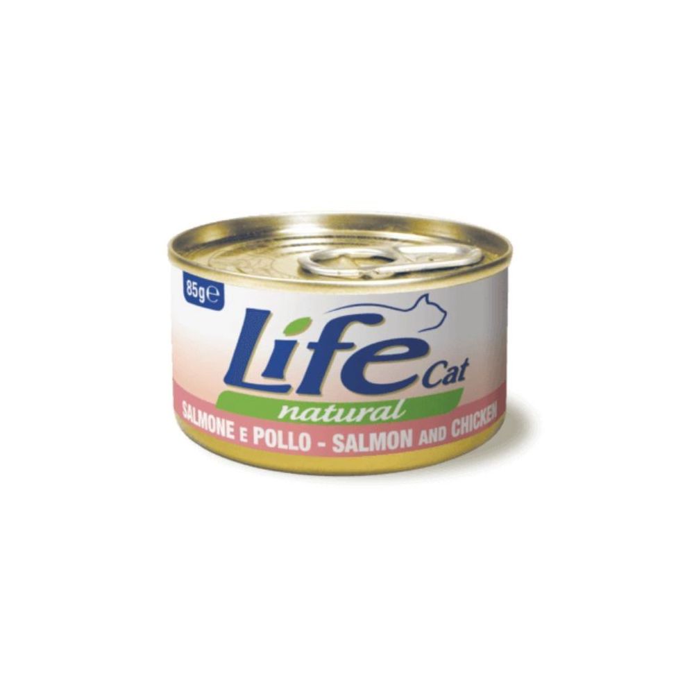 85g naturalnej karmy dla kota Life Cat z filetami z kurczaka i płatkami łososia w bulionie - sklep zoologiczny Konikpolny.pl