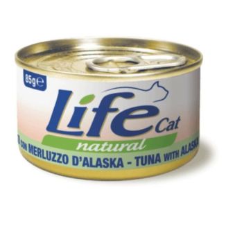 85g naturalnej karmy dla kota Life Cat z kawałkami tuńczyka i mintaja alaskańskiego w bulionie - sklep zoologiczny Konikpolny.pl