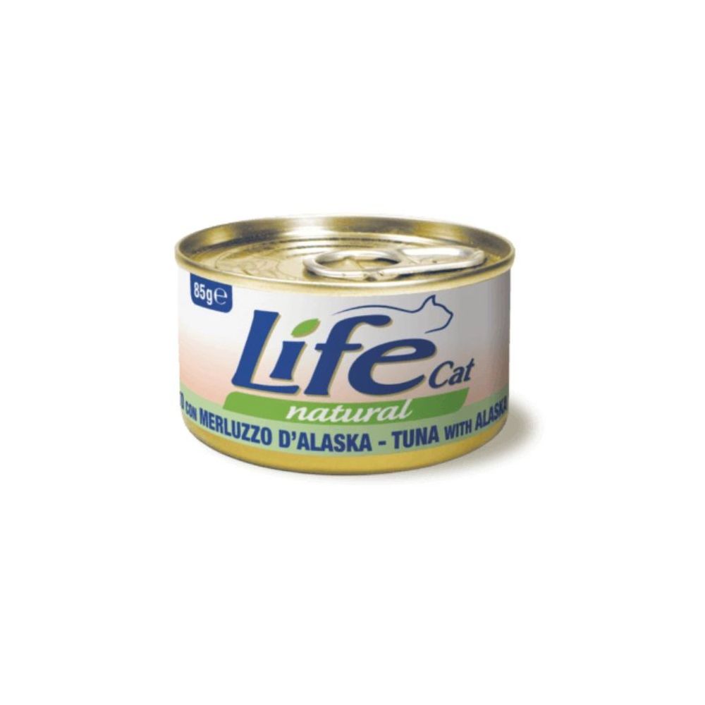 85g naturalnej karmy dla kota Life Cat z kawałkami tuńczyka i mintaja alaskańskiego w bulionie - sklep zoologiczny Konikpolny.pl