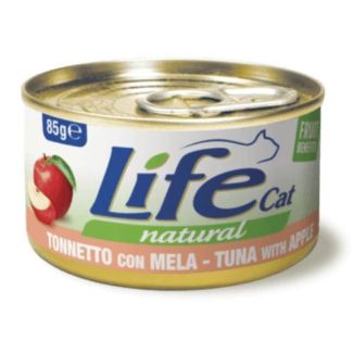 Puszka 85g naturalnej karmy dla kota Life Cat z kawałkami tuńczyka i jabłka w bulionie - sklep zoologiczny Konikpolny.pl