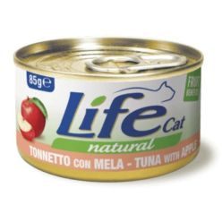 Puszka 85g naturalnej karmy dla kota Life Cat z kawałkami tuńczyka i jabłka w bulionie - sklep zoologiczny Konikpolny.pl