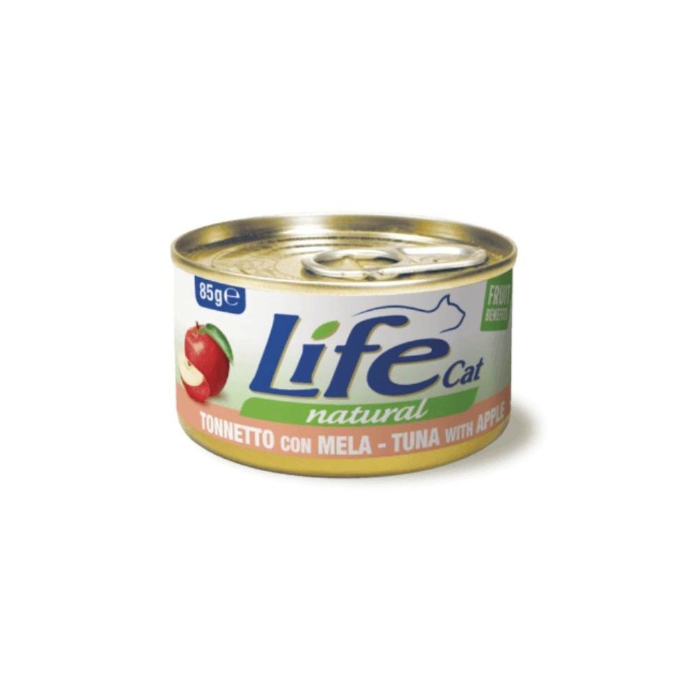 Puszka 85g naturalnej karmy dla kota Life Cat z kawałkami tuńczyka i jabłka w bulionie - sklep zoologiczny Konikpolny.pl