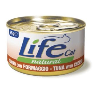 Puszka 85g naturalnej karmy dla kota Life Cat z kawałkami tuńczyka i sera w bulionie - sklep zoologiczny Konikpolny.pl
