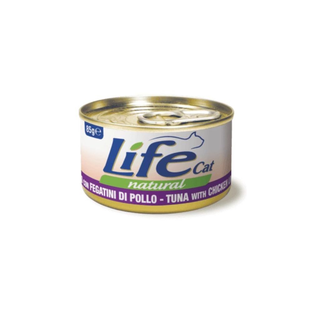 85g naturalnej karmy dla kota Life Cat z kawałkami tuńczyka i wątróbką kurczaka w bulionie - sklep zoologiczny Konikpolny.pl
