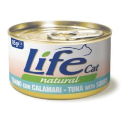 Puszka 85g naturalnej karmy dla kota Life Cat z kawałkami tuńczyka i kałamarnicy w bulionie - sklep zoologiczny Konikpolny.pl