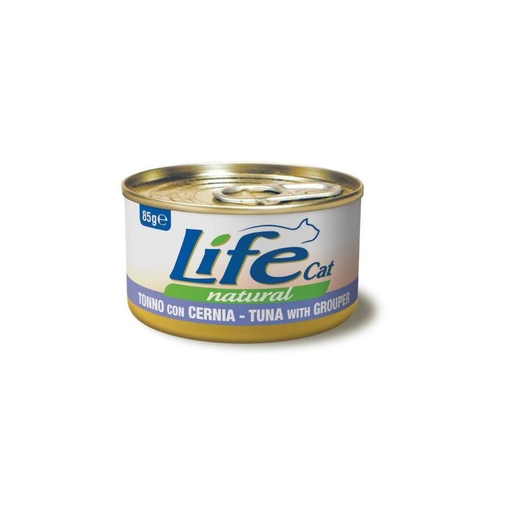 Puszka 85g naturalnej karmy dla kota Life Cat z kawałkami tuńczyka i granika w bulionie - sklep zoologiczny Konikpolny.pl