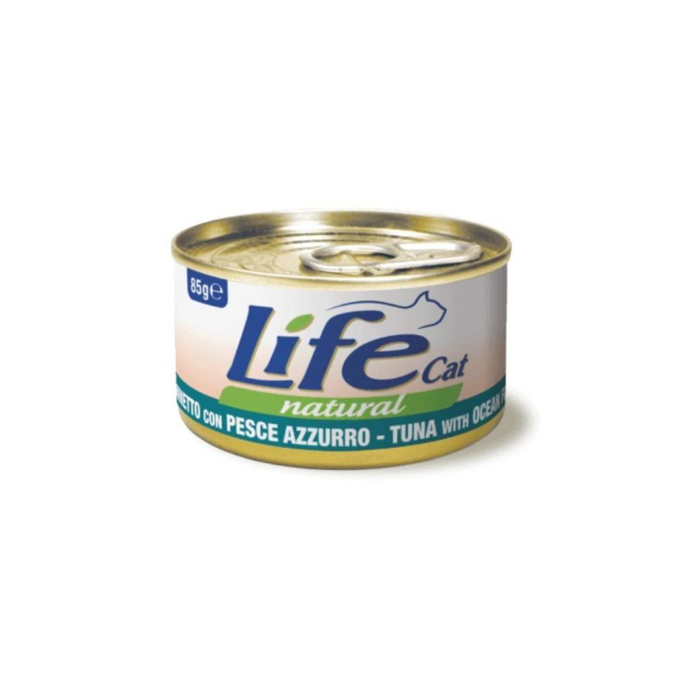 85g naturalnej karmy dla kota Life Cat z kawałkami tuńczyka i ryb oceanicznych w bulionie - sklep zoologiczny Konikpolny.pl