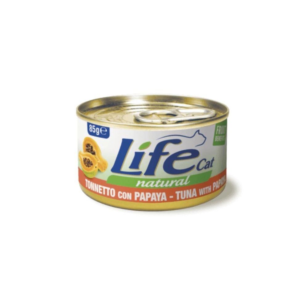 Puszka 85g naturalnej karmy dla kota Life Cat z kawałkami tuńczyka i papai w bulionie - sklep zoologiczny Konikpolny.pl