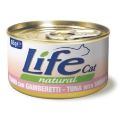 85g naturalnej karmy dla kota Life Cat z kawałkami tuńczyka i całymi krewetkami w bulionie - sklep zoologiczny Konikpolny.pl