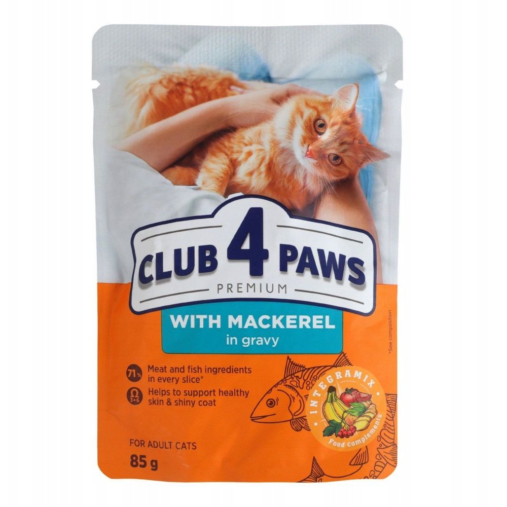 Saszetka 85g mokrej karmy dla kota Club 4 Paws Premium z kawałkami makreli w sosie - sklep zoologiczny Konikpolny.pl